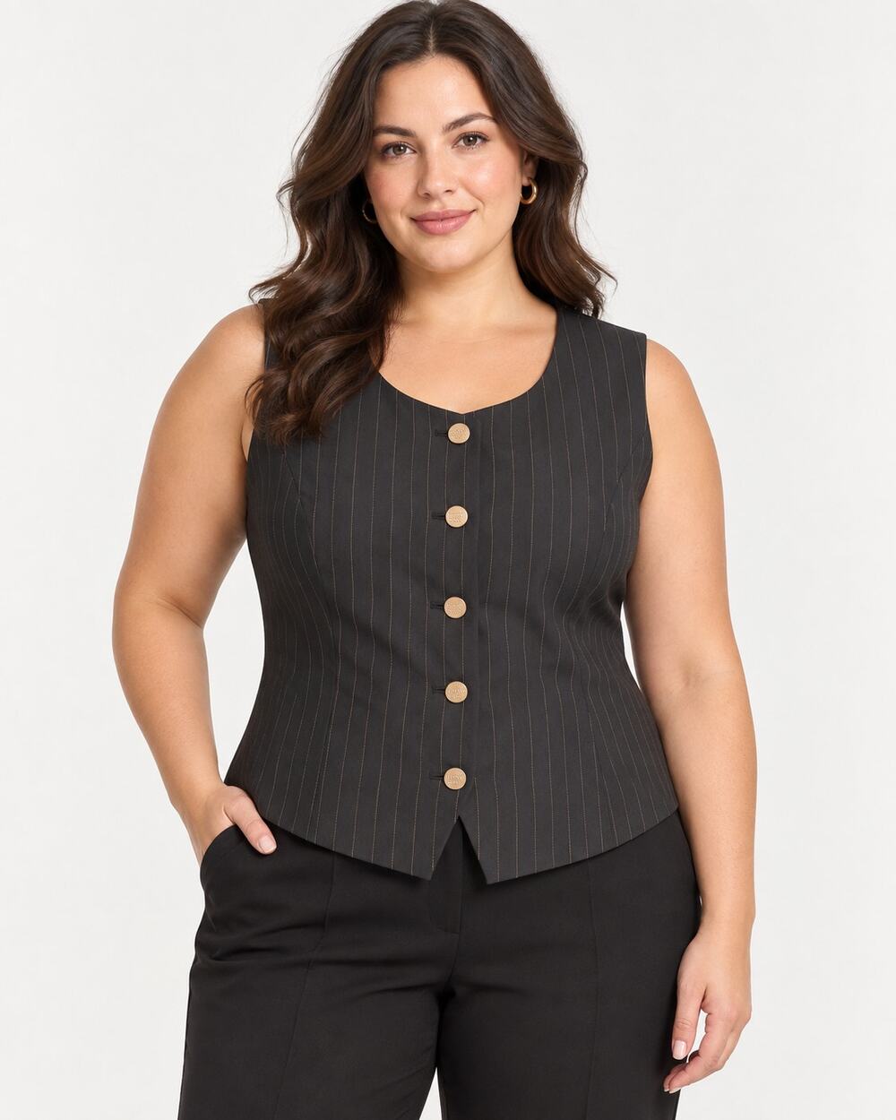 DKNY Vest Women 16 Black Pinstripe Button Front Tailored Sleeveless NWT